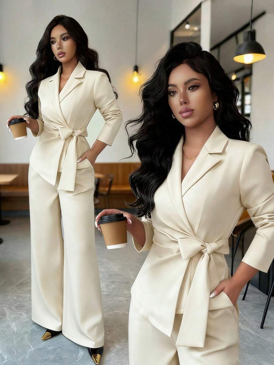 SHEIN Elenzya 女士咖啡棕色双层弹力V领裹胸系带腰身设计优雅职业套装，适合工作、万圣节、办公室、秋季穿着两件套 - 杏色 - 查看 1