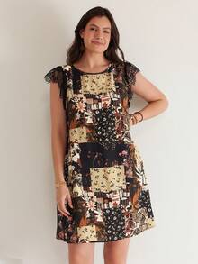 Freevana 大码夏季休闲撞色蕾丝连衣裙 女式碎花连衣裙 复古女装 乡村蕾丝波西米亚风女装 夏季度假装 海滩度假装 - 黑色 - 查看 8