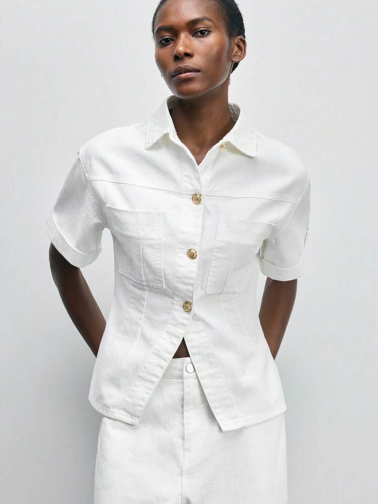 SHEIN Maija Women's White Denim Top, Fitted Denim Shirt, With Metal Button Embellishments, A Casual Summer Work Outfit.