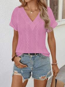 EMERY ROSE Camiseta casual versátil de mujer con cuello en V, manga corta y estampado floral de jacquard, nueva llegada para primavera/verano - Rosa Fucsia - Ver 6