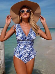 Swim Lushoire 2件套蓝白印花V领无袖蝴蝶结装饰高腰泳衣套装（含泳裤和吊带背心），女士度假沙滩比基尼，春夏款 - 藍色 - 查看 4