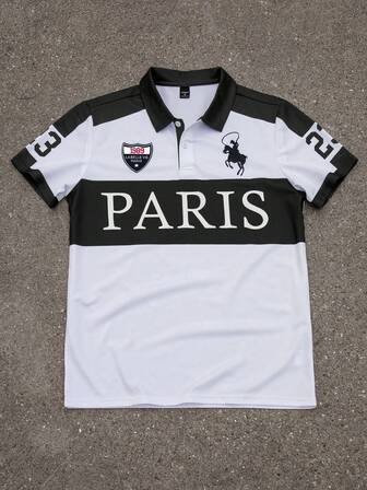 Aesthetic Post Men's Contrast Color Half-Zip Short Sleeve Casual Polo Shirt, Summer College Style Pattern Polo Men Men Polo Shirts Mens Golf Shirt Pro Club Shirt Rugby Shirt Polo