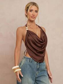 Lumalex Modest Old Money Coquette Glitter Holiday Party Rave Festival Outing Swim Vacation Bohemian BOHO Sea Beach Hot Outdoor Richly Layered Wedding Season Banquet Coming Of Age Ceremony Beach Seaside Women's Tie-Dye Print Plunge Neck Beaded Backless Tank Top Scarf Top Cowl Neck Top Halter Top Silk Top Brown Top Spring /Summer Music Festival Fashion Outfits - Coffee Brown - View 6