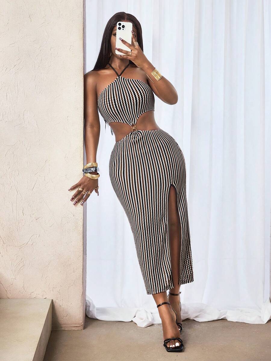 SHEIN BamGlam Women's Striped Print High Slit Halter Neck Crochet Dress