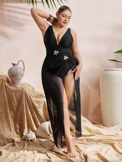 Swim Oasis Plus Size Women Solid Color Ruched Sexy One-Piece Swimsuit With Coverup And Skirt
