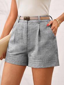 Solivie Quần short vải lanh nhăn, màu trơn, kiểu dáng thanh lịch, phong cách thường ngày. - Xám - Xem 6