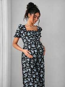 Momance Elegant Puff Sleeve Design Printed Maternity Jumpsuit - Multicolor - View 6