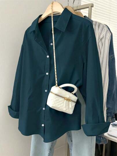 SHEIN Plus Size Women's Solid Color Long Sleeve Single-Breasted Casual/Work Shirt Fall Cloth For Women