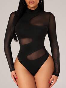 Radiana Bộ đồ liền thân nữ gợi cảm phối lưới không đều, cổ cao, tay dài, màu đen xuyên thấu, chất liệu lưới, tay dài, cổ cao, ôm sát, vải dệt kim co giãn, tôn dáng, phù hợp cho buổi tối, tiệc tùng, câu lạc bộ, hộp đêm, tiệc cocktail, lễ kỷ niệm, lễ hội âm nhạc, trang phục ngày lễ. - màu đen - Xem 1