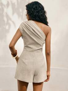 Poéselle Women's Striped Asymmetric Shoulder Pocket Cotton  Jumpsuit, Fashionable For Daily Wear  From Spring To Summer  Jumpsuit  Daily & Date Night Essential - Apricot - View 3