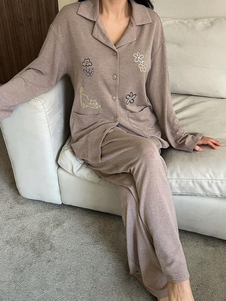 2pcs Women Loose Fit Cat & Flower Pattern Long Sleeve Cardigan And Pants Pajama Set