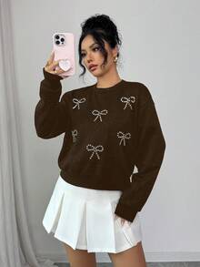 Selianne Women's Casual Everyday Rhinestone Bow Decor Sweatshirt, Autumn - Coffee Brown - View 4