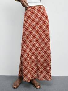 Maija Women's Casual Plaid Skirt Checkered Maxi Skirt Plaid Maxi Skirt Women's Maxi Skirt - Brown - View 4