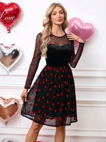 SHEIN Clasi Đầm dự tiệc dài tay midi bằng nhung bóng phối ren và ánh nhũ bạc dành cho nữ - Đỏ và đen - Xem 5