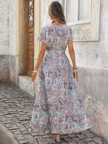 Brillora Spring/Summer Vacation Woven Printed Long Sleeve Dress For Women Long Floral Dress Women Women Vacation Dress Boho Summer Dress Women Short Sleeve Maxi Dress Women Cottagecore Dress - Multicolor - View 2