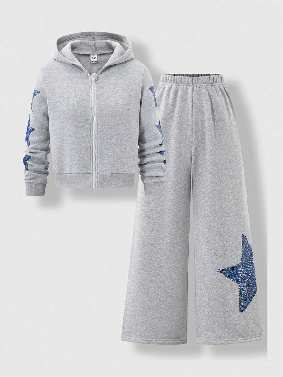SHEIN Explorewe Conjunto de sudadera con capucha de unicolor con estampado de estrellas para niñas, otoño/invierno - Gris - Ver 1