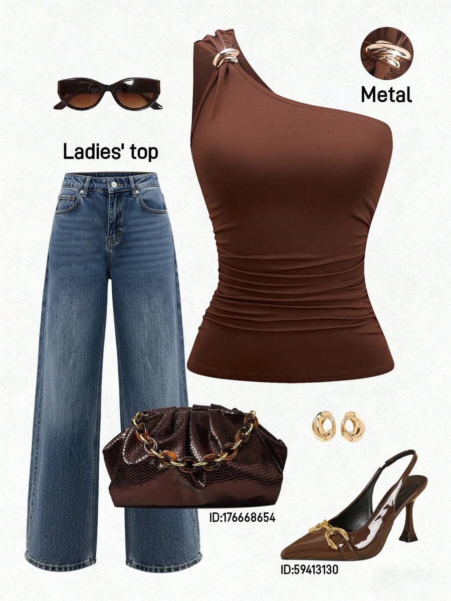 GlowEve Áo croptop nữ màu nâu trơn, chất liệu vải cao cấp, kiểu dáng lệch vai, cổ áo lệch vai, cài nút kim loại ở eo, ôm sát cơ thể, gợi cảm, thanh lịch, thích hợp làm quà sinh nhật, hẹn hò, dự tiệc, ngày Valentine, lễ hội, ngày động, du lịch, nghỉ mát, phong cách đường phố, mùa xuân/hè. - màu nâu - Xem 1