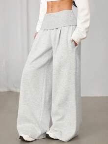 SHEIN PETITE Extreme Wide Leg Fold Over Waist Pants Casual Summer Airport Fall Autumn Winter Christmas Thanksgiving - White - View 5