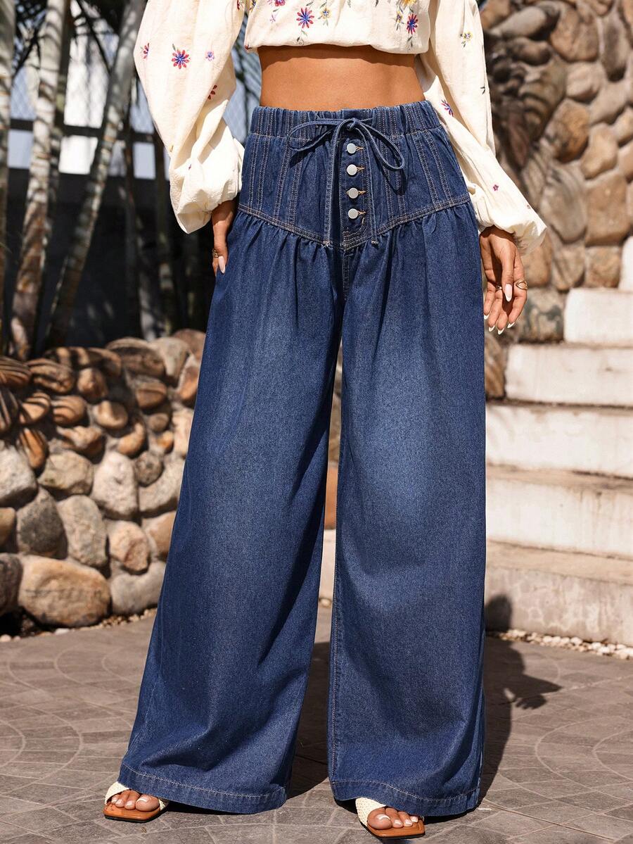 Breezaya Women's Casual Drawstring Waist New Loose Fit Flare Leg Jeans Spring Summer  Vacation - Dark Wash - View 1