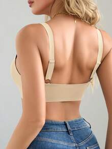 SHEIN 1pc Seamless Minimalist Wavy Edge Solid Color No Underwire Push Up Full Coverage Women Bra - Beige - View 2