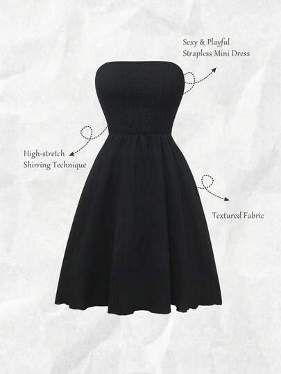 Olithes Women's Solid Color Simple Daily Wear Strapless Summer Dress Vacation Beach Outfit Strapless Black Dress Tube Top Dress Mini Dress Textured Dress Bandeau Dress Shirred Dress