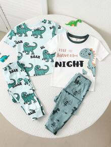 SHEIN 4pcs/Set Young Boy Dinosaur & Space Graphic Casual Minimalist Snug Fit Short Sleeve Top And Pants Pajama Set, Suitable For All Seasons,Toddler Boy Clothes,Toddler Night Wear Kids Boy Pjs Set Boy Pajamas Set Sleep Wear Set - Green - View 3