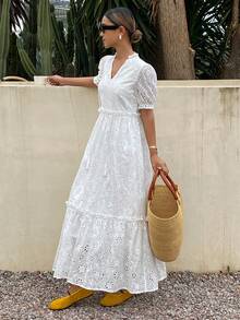 DAZY Women's Hollow Out Embroidery Frill Trim Tie Waist Long Puff Sleeve Dress, Vacation - Ivory White - View 4