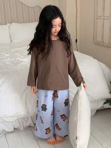 DAZY 2件套女童圆领长袖针织上衣和裤子家居服套装 - 棕色 - 查看 2