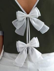 Elenzga Áo sơ mi thời trang mùa hè, kiểu dáng thường ngày, thoải mái, phối màu nổi bật với nơ 3D phía sau. - xanh quân đội - Xem 6