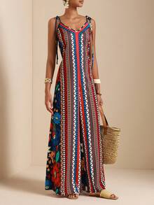 SHEIN Veneréa 女士夏季度假风拼接几何印花打结露肩宽松阔腿连体裤