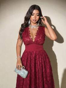 Viva Relle 大码V领蕾丝收腰优雅连衣裙 - 酒紅色 - 查看 4