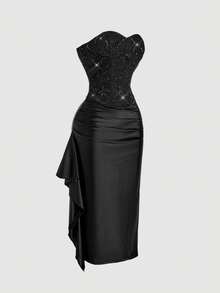 SHEIN MOD 女士串珠刺绣褶皱时尚中长连衣裙，适合情人节、婚礼季、约会、派对等场合。 - 黑色 - 查看 5