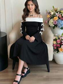 1件少女露肩白色荷叶边修身中长款喇叭袖连衣裙，蝴蝶结装饰，适合春秋季穿着 - 黑與白 - 查看 1