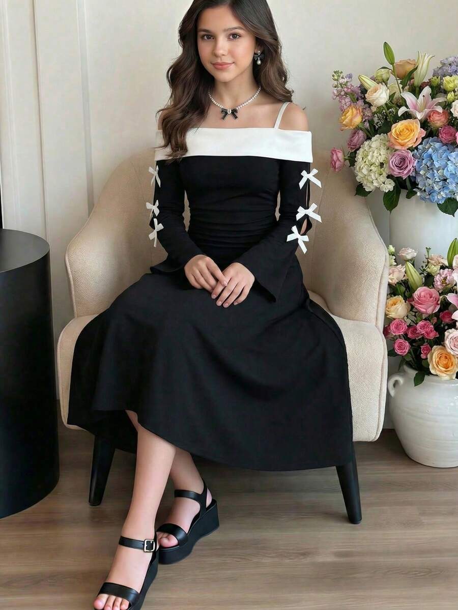 1件少女露肩白色荷叶边修身中长款喇叭袖连衣裙,蝴蝶结装饰,适合春秋季穿着 - 黑與白 - 查看 1