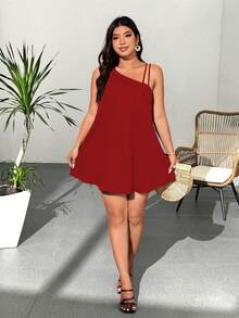 SHEIN Clasi Women's Elegant Red Summer Satin Party Dress,Casual Loose Fit One Shoulder Solid Color Vacation Dress,Suitable For Commuting And Leisure - Red - View 4