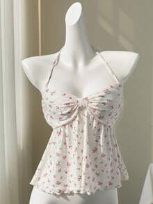 Elamini Yellow Ditsy Floral Hollow V-Neck Sexy Backless Camisole Top, Sweet & Charming, Spring/Summer - Multicolor - View 3