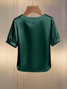 Franclia 女士优雅圆领珍珠装饰长袖T恤，适合通勤 - 墨綠色 - 查看 2