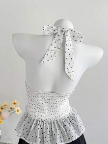 Comfortcana Áo kiểu nữ thời trang họa tiết chấm bi xếp ly hở lưng, cổ yếm, mẫu mới về mùa xuân/hè 2026, áo hè thanh lịch, áo trắng thường ngày cho kỳ nghỉ. - Nhiều màu - Xem 2