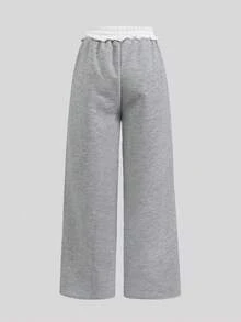 SHEIN 少女骑士刺绣撞色抽绳腰带口袋阔腿休闲运动裤 - 灰色 - 查看 2