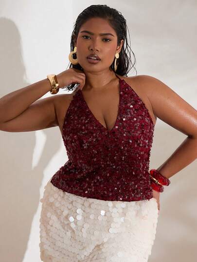 SHEIN BAE Plus Size Women V-Neck Sequin Embellished Cropped Tank Top