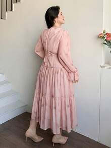 Dazy Plus Floral Print V-Neck Tie Waist Lantern Sleeve Fitted Elegant Maxi Dress, Plus Size, Pink, Resort Style