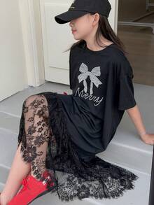 Dazy Kids Tween Girl Butterfly Print Lace Patchwork Round Neck Dress - Black - View 8