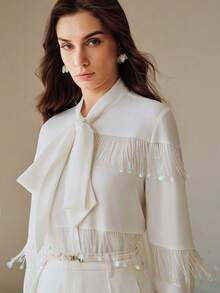 Anewsta 女士度假生日派对闪亮亮片拼接流苏蝴蝶结领长袖衬衫 - 白色 - 查看 4