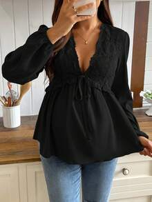 SHEIN 孕妇休闲百搭纯色蕾丝拼接衬衫 - 黑色 - 查看 3
