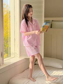 DAZY Tween Girls Striped Short Sleeve Shorts Pajama Set, Tween Girl Fall Clothes Summer - Pink - View 1