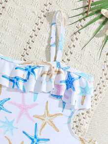 小女孩可爱针织海星印花不对称领口吊带海洋风连体泳衣 - 彩色 - 查看 4