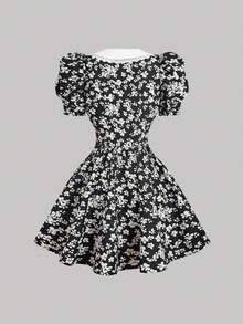 SHEIN MOD 女士翻领羊腿袖鱼骨纹碎花连衣裙，黑白配色，适合度假、生日、海滩、热带风情、派对等场合，可爱又时尚。这款连衣裙适合夏季穿着，也适合早午餐、休闲聚会等场合。 - 黑與白 - 查看 2