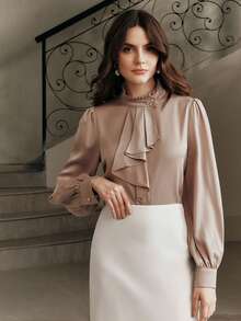 Anewsta Áo sơ mi dài tay màu trơn, chất liệu satin bóng, cổ đứng, bèo nhún, viền bèo bất đối xứng, khóa kéo toàn thân. - Rượu sâm banh - Xem 3