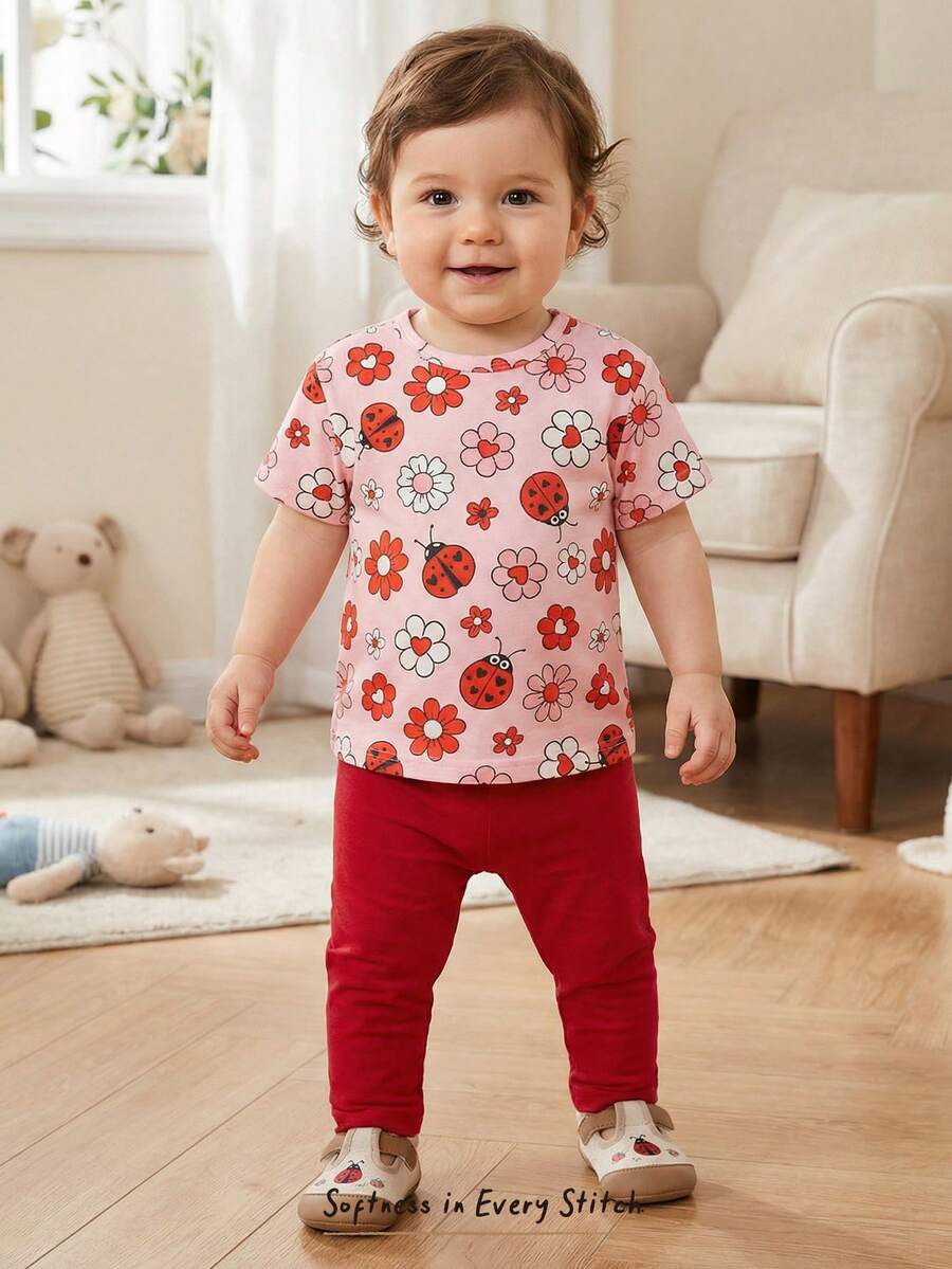 Cozy Pixies 2pcs Baby Girl Floral Knit Soft Pink Short Sleeve Top & Elastic Waist Pants Set,Cute Summer Cherry Flower Pattern 100 Cotton Family Matching Outfit - Pink - View 1