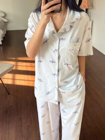 DAZY Women's Dragonfly Polka Dot Print Pajama Set